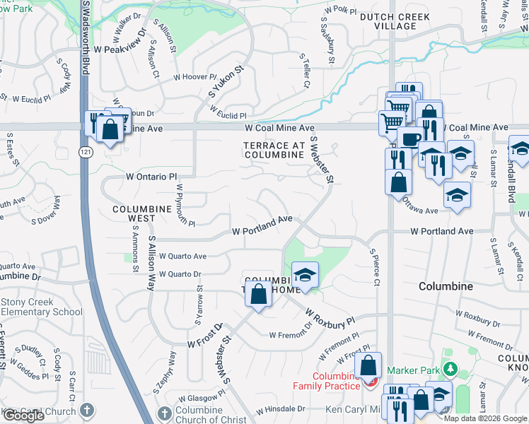 map of restaurants, bars, coffee shops, grocery stores, and more near 6928 South Yukon Court in Littleton