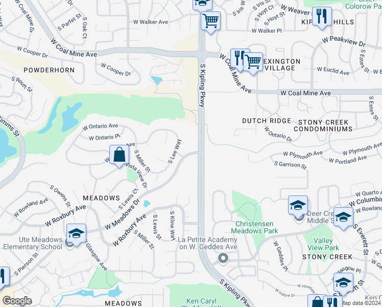 map of restaurants, bars, coffee shops, grocery stores, and more near 10047 West Meadows Drive in Littleton