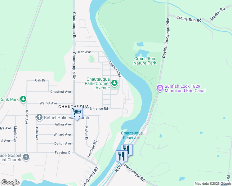 map of restaurants, bars, coffee shops, grocery stores, and more near 6077 1st Avenue in Miamisburg