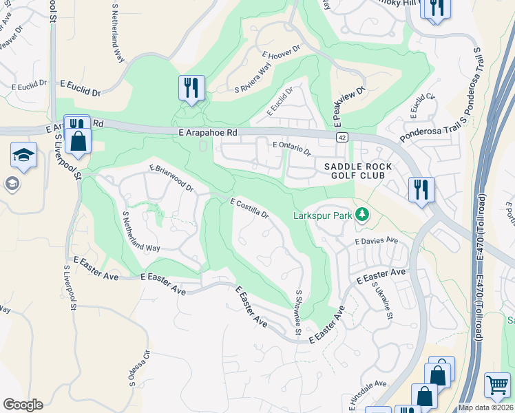 map of restaurants, bars, coffee shops, grocery stores, and more near 22007 East Costilla Drive in Aurora