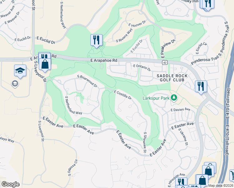 map of restaurants, bars, coffee shops, grocery stores, and more near 21946 East Costilla Drive in Aurora