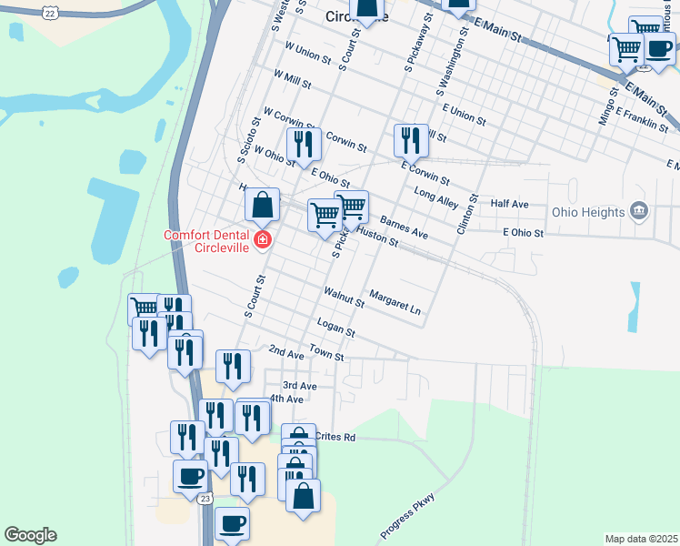 map of restaurants, bars, coffee shops, grocery stores, and more near 966 South Pickaway Street in Circleville