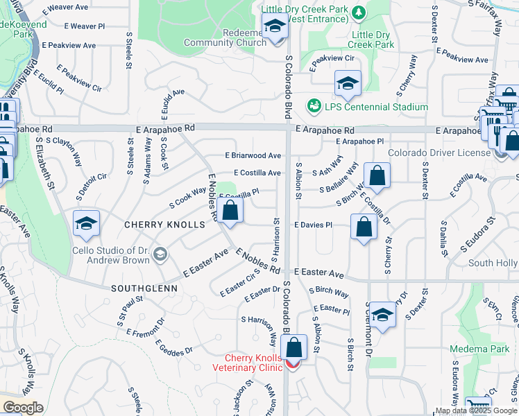 map of restaurants, bars, coffee shops, grocery stores, and more near South Jackson Way in Centennial