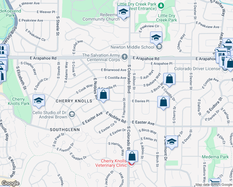 map of restaurants, bars, coffee shops, grocery stores, and more near South Jackson Way in Centennial