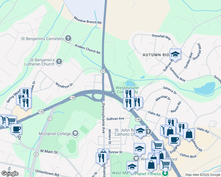 map of restaurants, bars, coffee shops, grocery stores, and more near 110 Ratem Drive in Westminster