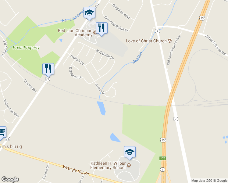 map of restaurants, bars, coffee shops, grocery stores, and more near 221 Delilah Drive in Bear