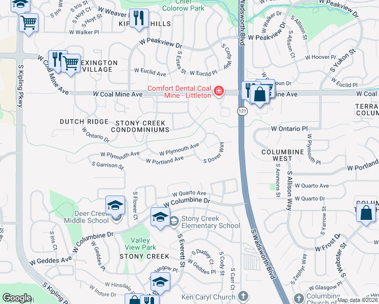 map of restaurants, bars, coffee shops, grocery stores, and more near 8788 West Plymouth Avenue in Littleton