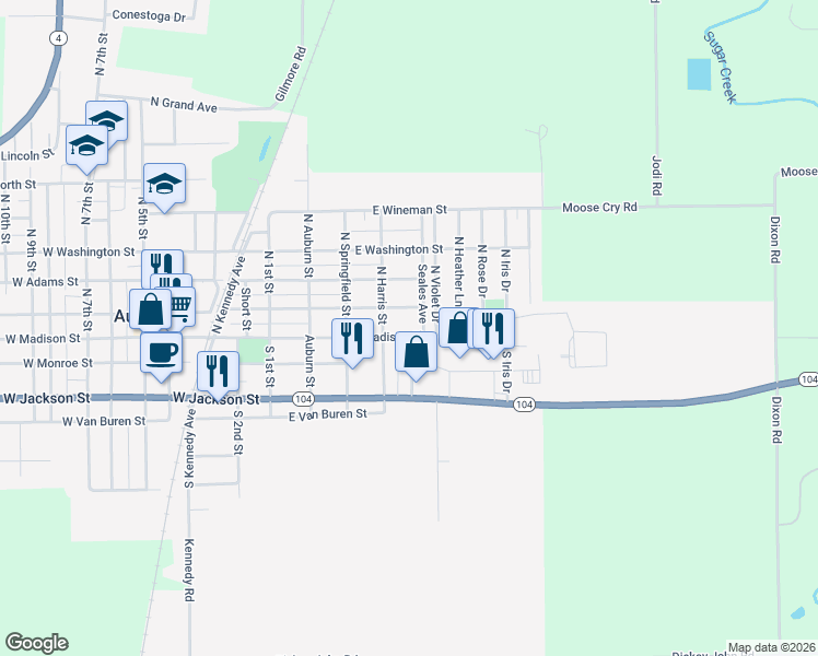 map of restaurants, bars, coffee shops, grocery stores, and more near 108 South Sangamon Street in Auburn