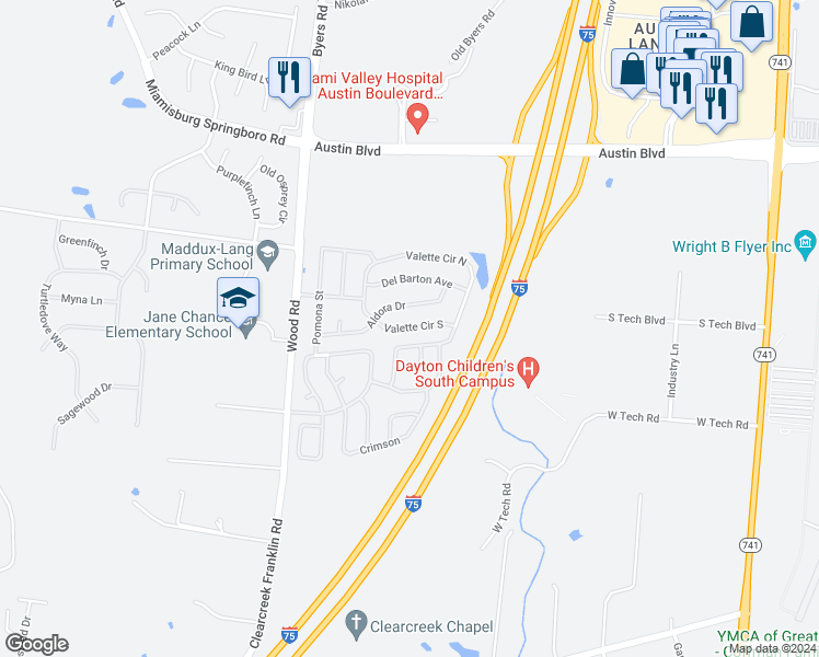 map of restaurants, bars, coffee shops, grocery stores, and more near 10578 Valette Circle South in Miamisburg