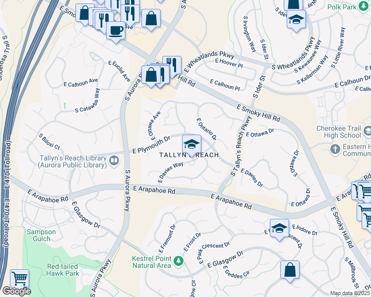 map of restaurants, bars, coffee shops, grocery stores, and more near in Aurora