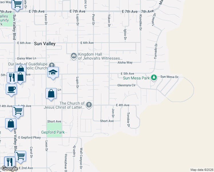 map of restaurants, bars, coffee shops, grocery stores, and more near 505 Glenmyra Circle in Sun Valley