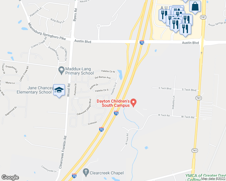 map of restaurants, bars, coffee shops, grocery stores, and more near 10899 Valette Circle East in Miamisburg