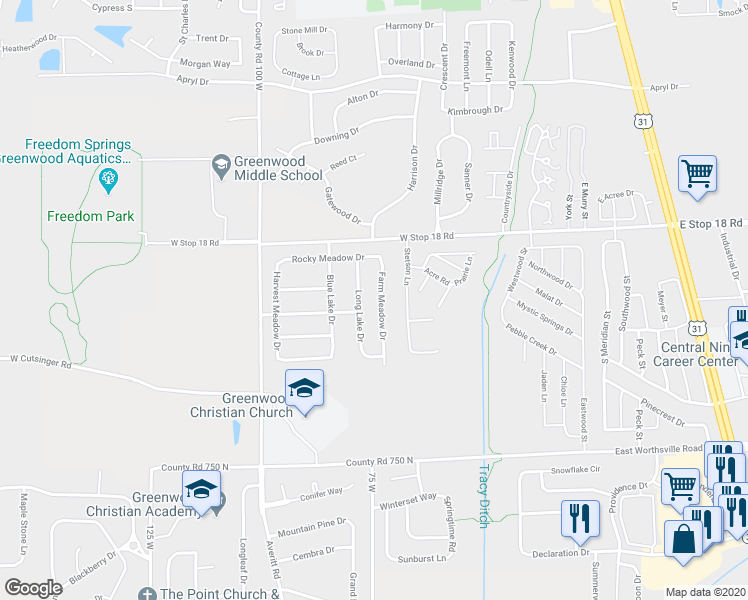 map of restaurants, bars, coffee shops, grocery stores, and more near 1738 Farm Meadow Drive in Greenwood