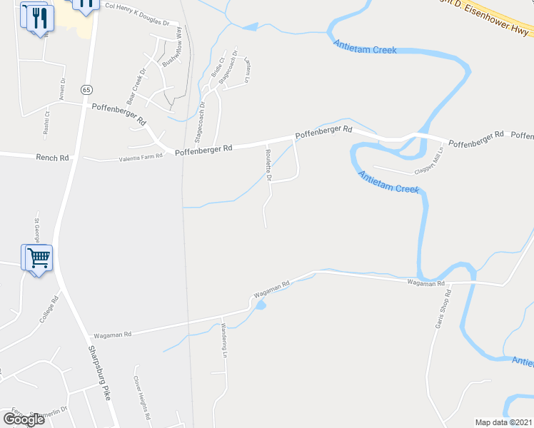 map of restaurants, bars, coffee shops, grocery stores, and more near 10062 Roulette Drive in Hagerstown