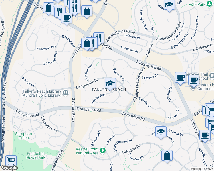 map of restaurants, bars, coffee shops, grocery stores, and more near 24605 East Davies Way in Aurora