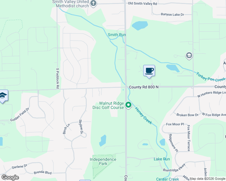 map of restaurants, bars, coffee shops, grocery stores, and more near 5075 County Road 800 North in Greenwood