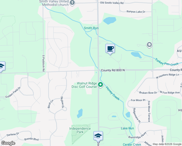 map of restaurants, bars, coffee shops, grocery stores, and more near 5075 County Road 800 North in Greenwood
