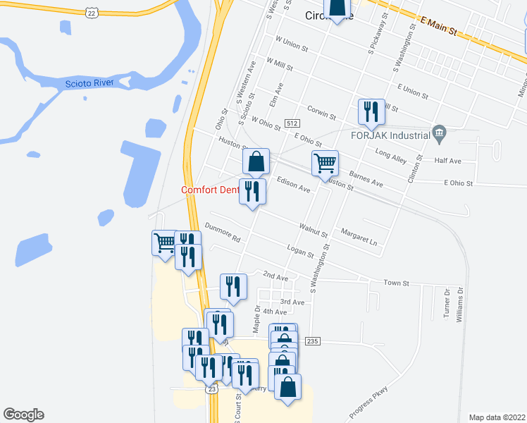 map of restaurants, bars, coffee shops, grocery stores, and more near 111 Walnut Street in Circleville
