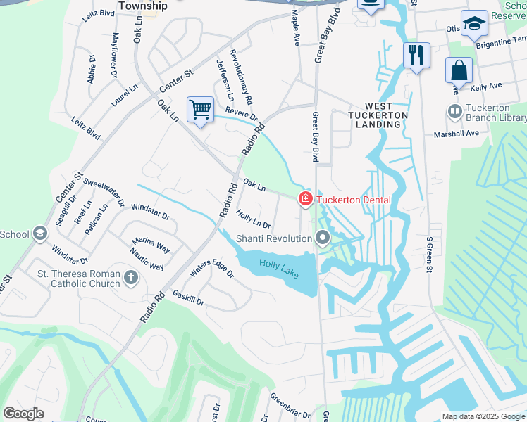 map of restaurants, bars, coffee shops, grocery stores, and more near 153 West Holly Lane in Little Egg Harbor Township