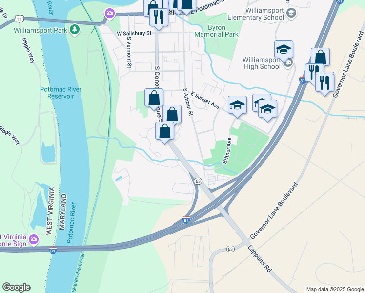 map of restaurants, bars, coffee shops, grocery stores, and more near 499 South Conococheague Street in Williamsport