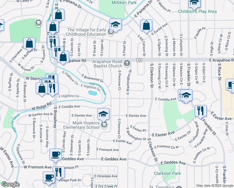 map of restaurants, bars, coffee shops, grocery stores, and more near 7000 South Pennsylvania Street in Centennial