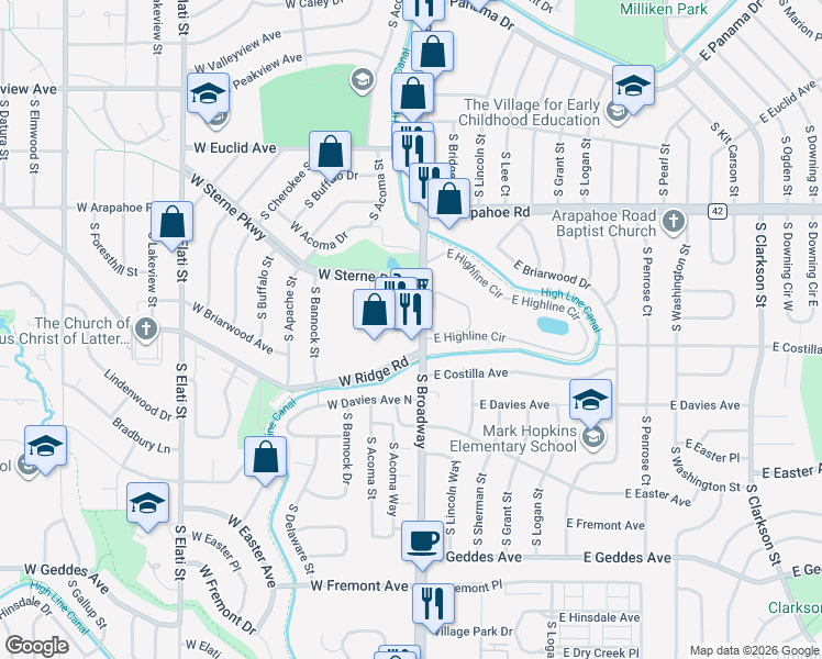 map of restaurants, bars, coffee shops, grocery stores, and more near 6901 South Broadway in Littleton