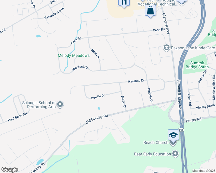 map of restaurants, bars, coffee shops, grocery stores, and more near 205 Marabou Drive in Newark