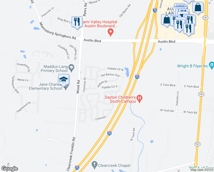 map of restaurants, bars, coffee shops, grocery stores, and more near 10613 Valette Circle South in Miamisburg