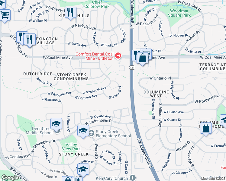 map of restaurants, bars, coffee shops, grocery stores, and more near 6957 South Dover Way in Littleton