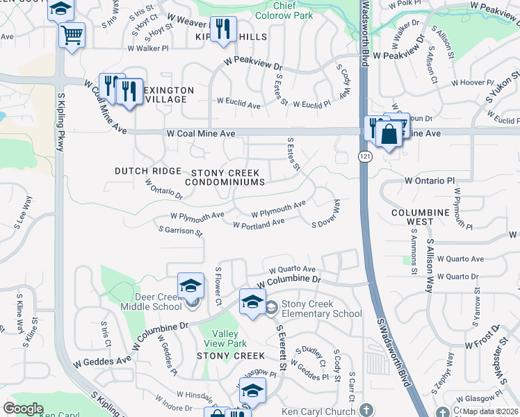 map of restaurants, bars, coffee shops, grocery stores, and more near 8978 West Plymouth Avenue in Littleton