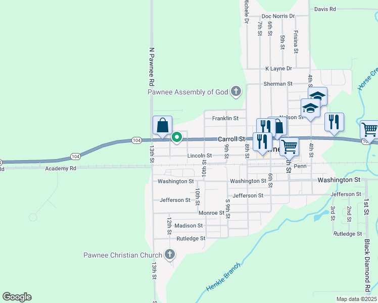 map of restaurants, bars, coffee shops, grocery stores, and more near 10097 South 11th Street in Pawnee