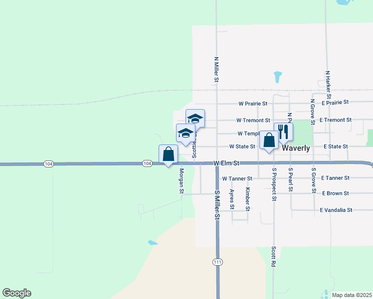 map of restaurants, bars, coffee shops, grocery stores, and more near 499 West Elm Street in Waverly
