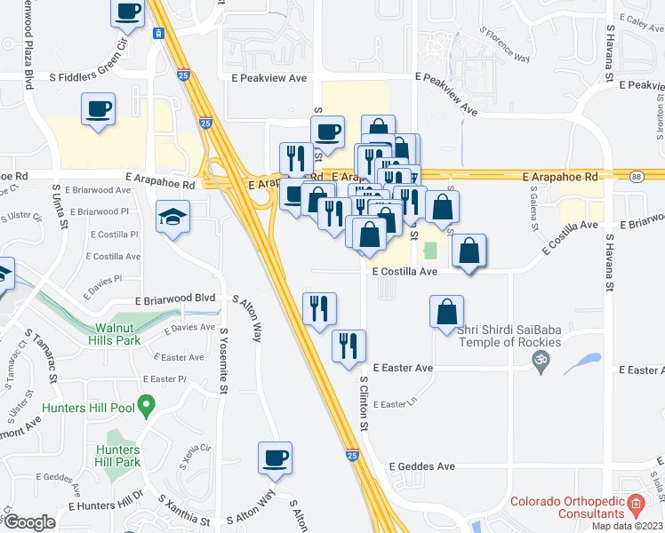 map of restaurants, bars, coffee shops, grocery stores, and more near 9405 East Costilla Avenue in Greenwood Village
