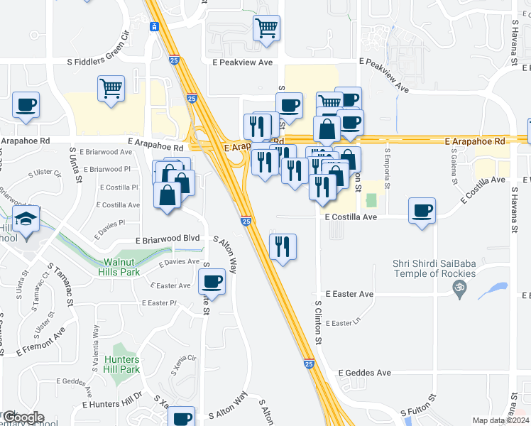 map of restaurants, bars, coffee shops, grocery stores, and more near 9405 East Costilla Avenue in Greenwood Village