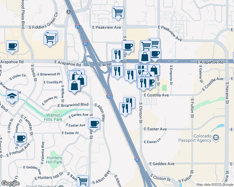 map of restaurants, bars, coffee shops, grocery stores, and more near 9405 East Costilla Avenue in Greenwood Village