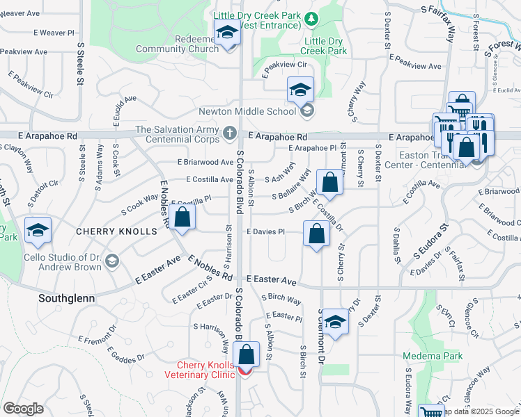 map of restaurants, bars, coffee shops, grocery stores, and more near 6878 South Birch Way in Centennial
