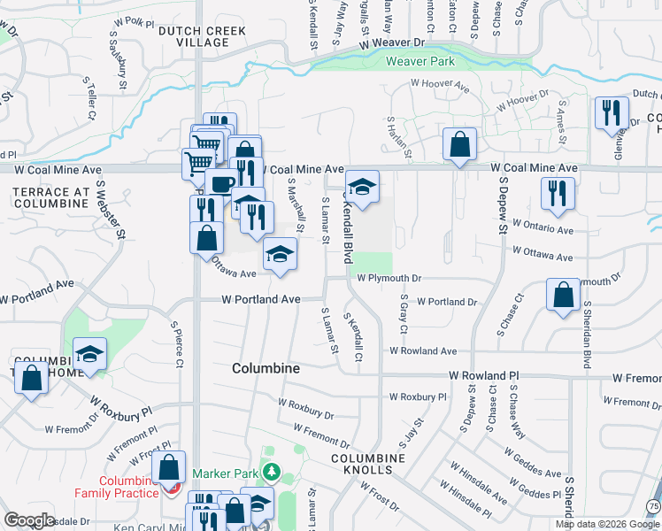 map of restaurants, bars, coffee shops, grocery stores, and more near 6300 West Plymouth Drive in Littleton