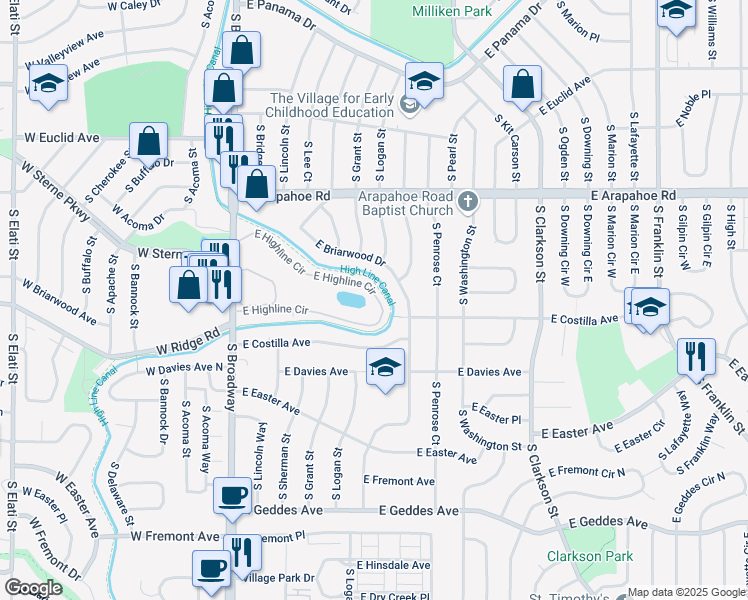 map of restaurants, bars, coffee shops, grocery stores, and more near 529 East Highline Circle in Centennial
