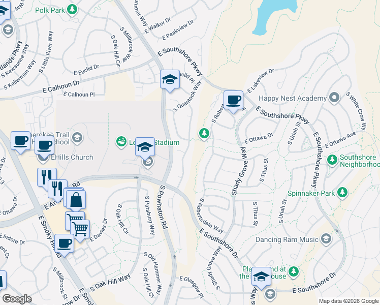 map of restaurants, bars, coffee shops, grocery stores, and more near 6878 South Riverwood Way in Aurora