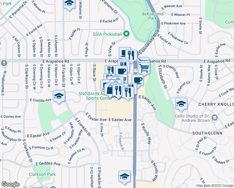 map of restaurants, bars, coffee shops, grocery stores, and more near 6991 South Vine Street in Centennial