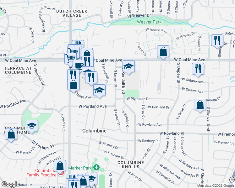map of restaurants, bars, coffee shops, grocery stores, and more near 6300 West Plymouth Drive in Littleton