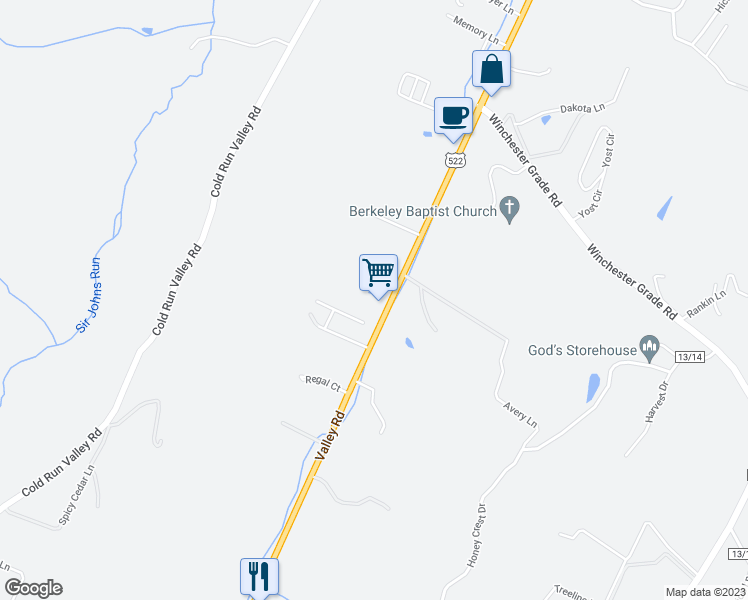 map of restaurants, bars, coffee shops, grocery stores, and more near 2690 Valley Road in Berkeley Springs