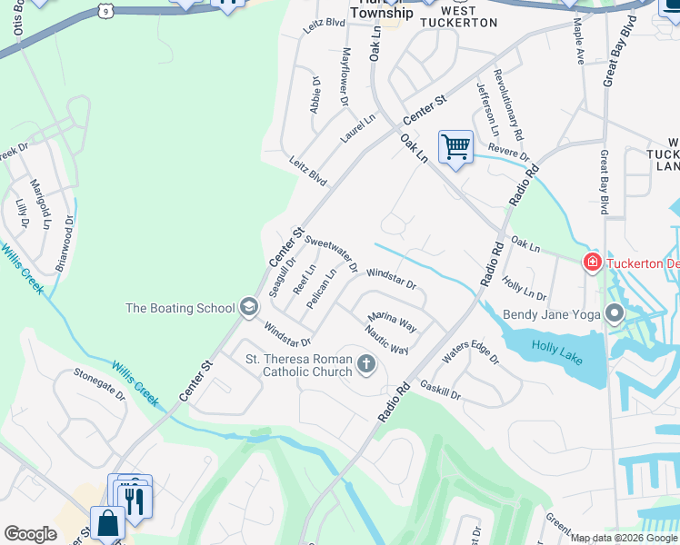 map of restaurants, bars, coffee shops, grocery stores, and more near 45 Windstar Drive in Ocean County