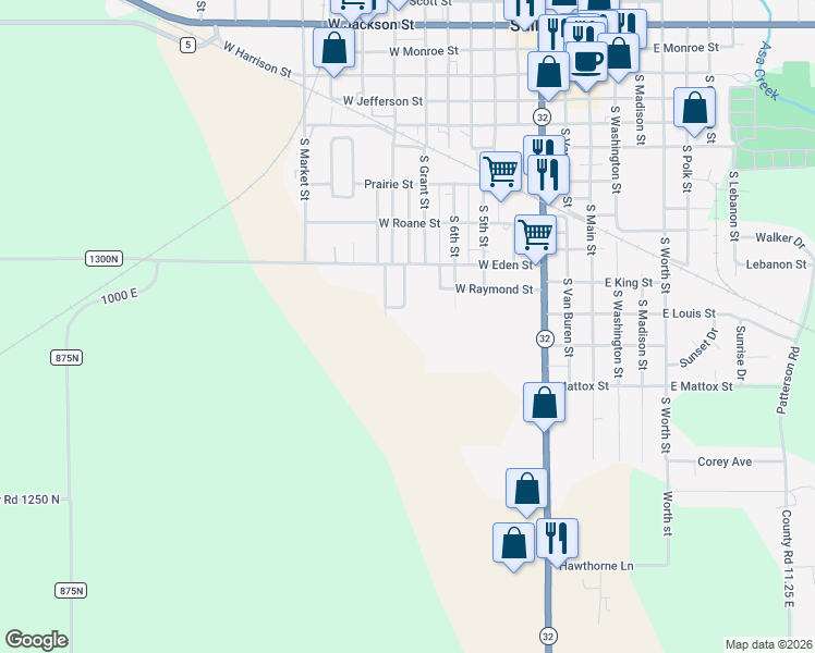 map of restaurants, bars, coffee shops, grocery stores, and more near 612 South Hope Lane in Sullivan