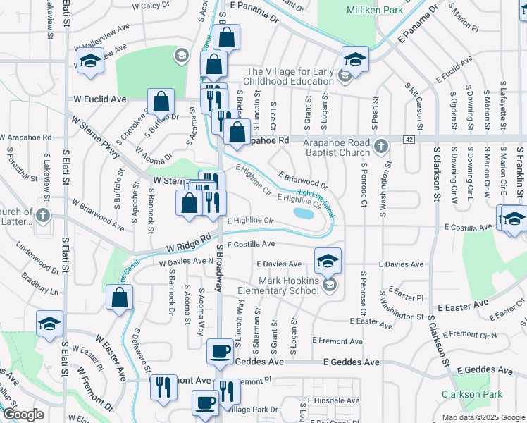 map of restaurants, bars, coffee shops, grocery stores, and more near 355 East Highline Circle in Centennial