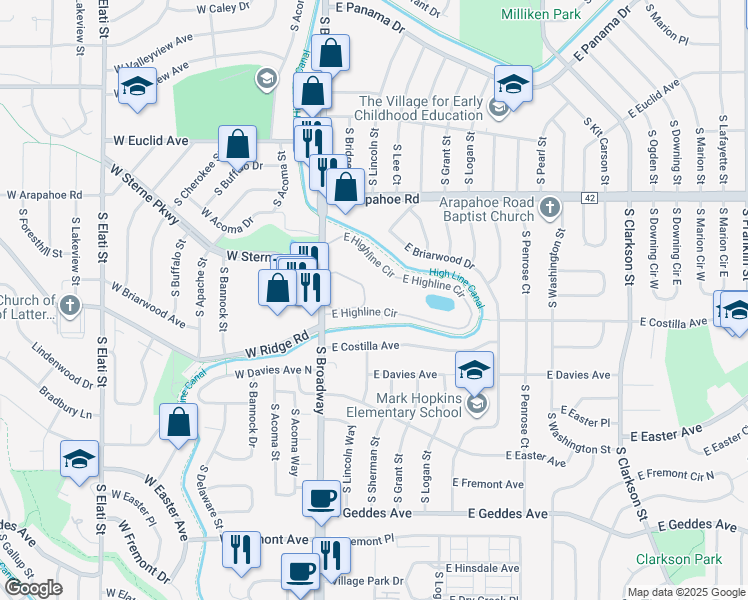 map of restaurants, bars, coffee shops, grocery stores, and more near 130 East Highline Circle in Littleton