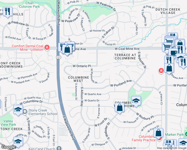 map of restaurants, bars, coffee shops, grocery stores, and more near 7768 West Plymouth Place in Littleton
