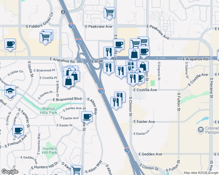 map of restaurants, bars, coffee shops, grocery stores, and more near 9405 East Costilla Avenue in Greenwood Village