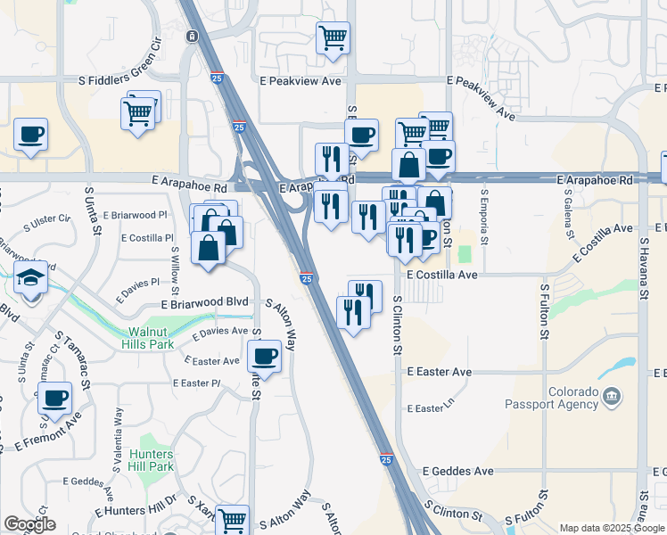 map of restaurants, bars, coffee shops, grocery stores, and more near 9405 East Costilla Avenue in Greenwood Village