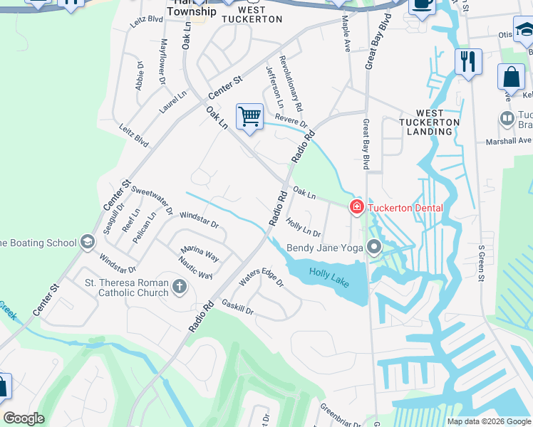 map of restaurants, bars, coffee shops, grocery stores, and more near 380 Radio Road in Tuckerton